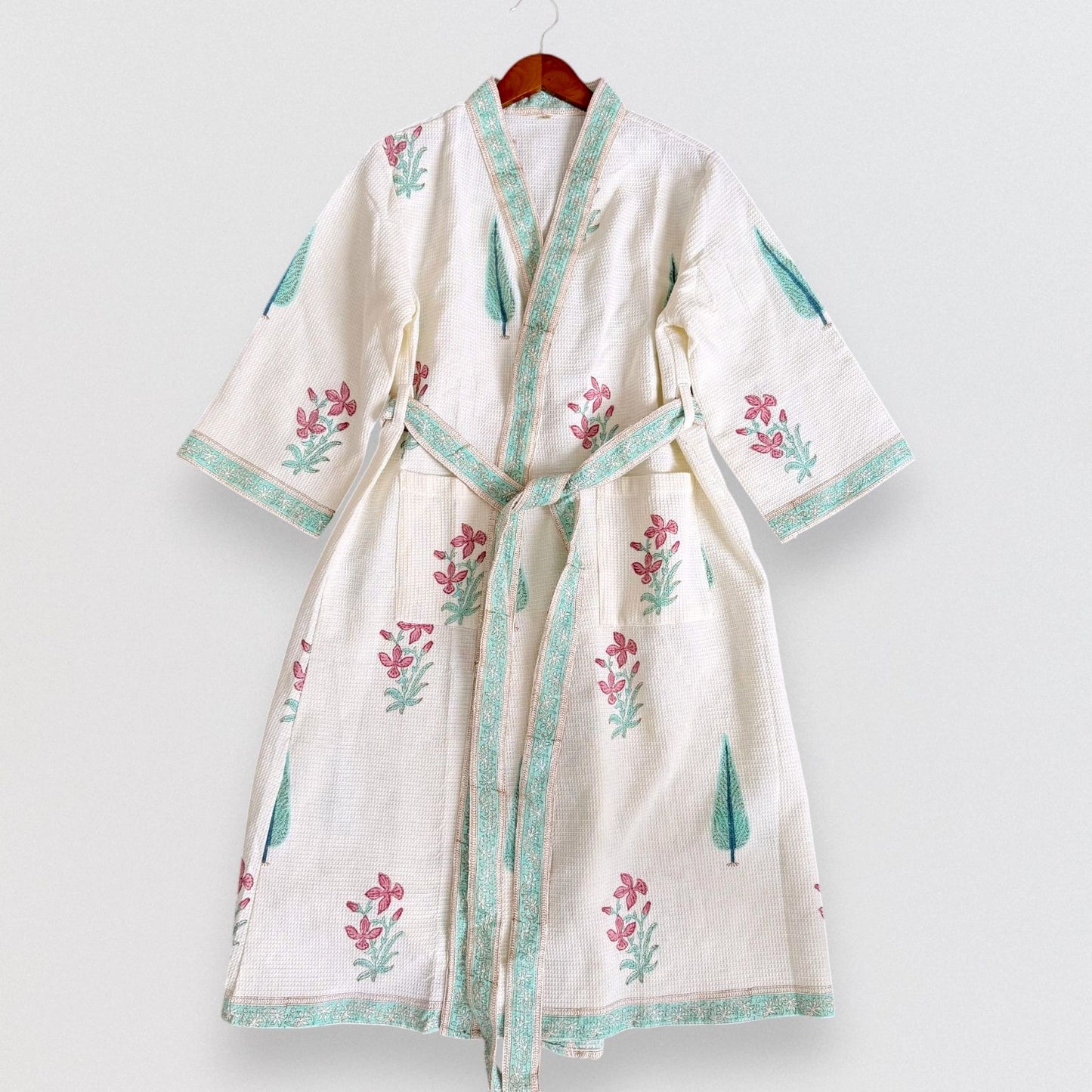 Hand Printed Bathrobe | Garden Turq