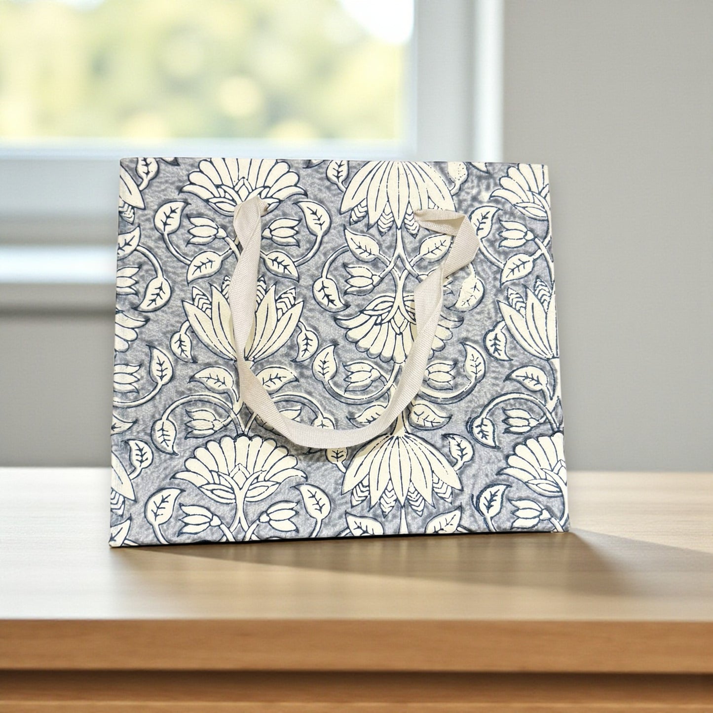 Handmade Block Printed Paper Bag | Blue Floral