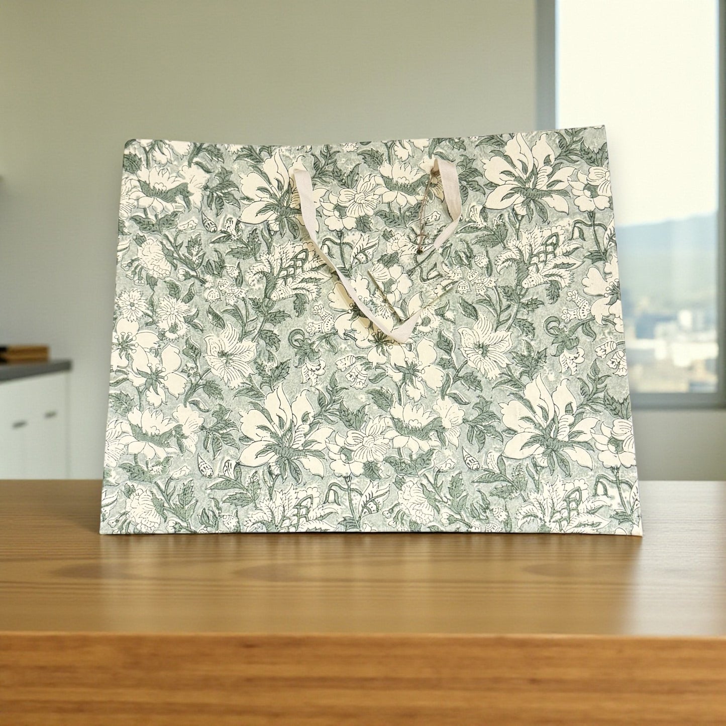 Handmade Block Printed Paper Bag | Mint Floral