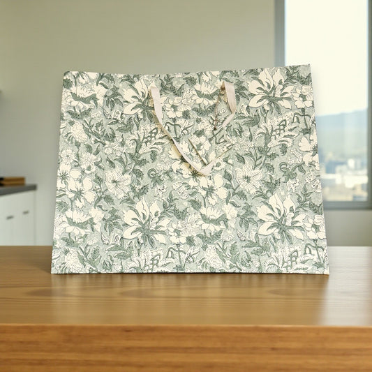 Handmade Block Printed Paper Bag | Mint Floral