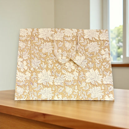 Handmade Block Printed Paper Bag | Brown Floral
