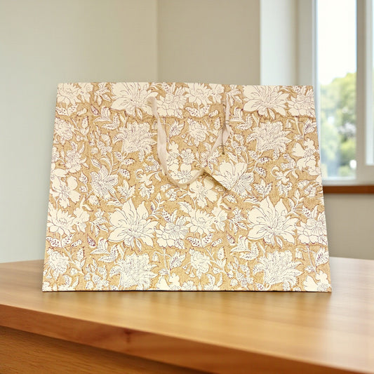 Handmade Block Printed Paper Bag | Brown Floral
