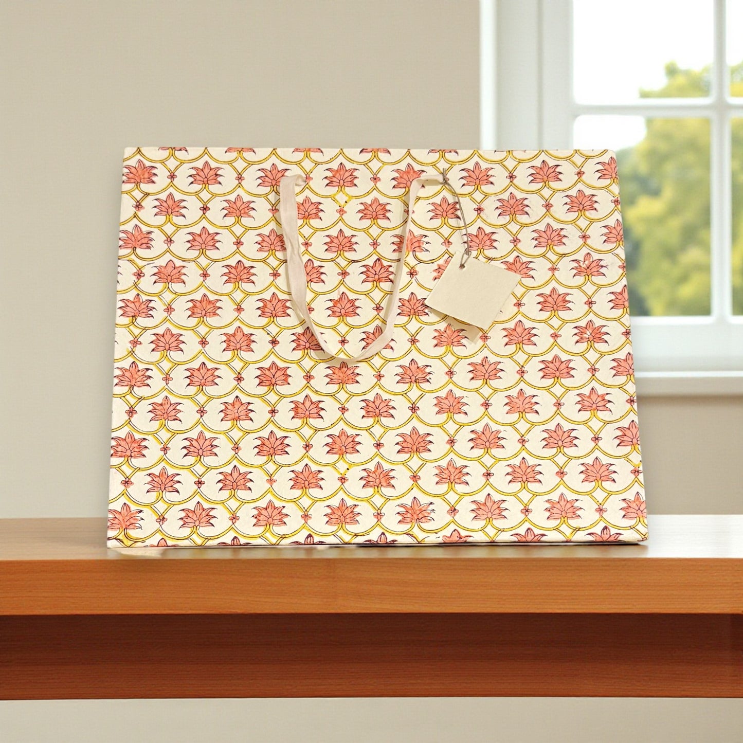 Handmade Block Printed Paper Bag | Peach Floral