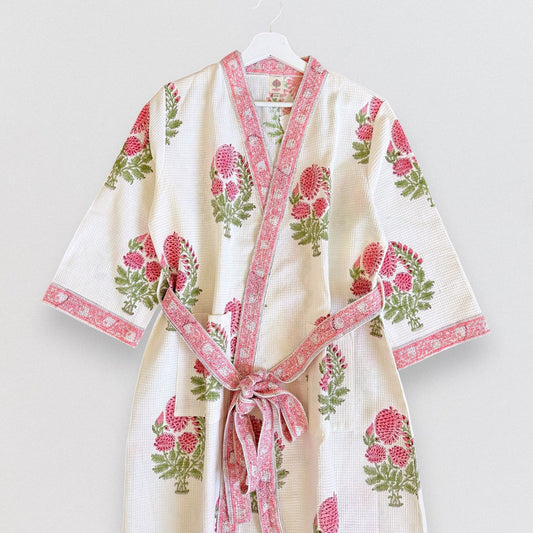 Hand Printed Bathrobe | Peach Floral