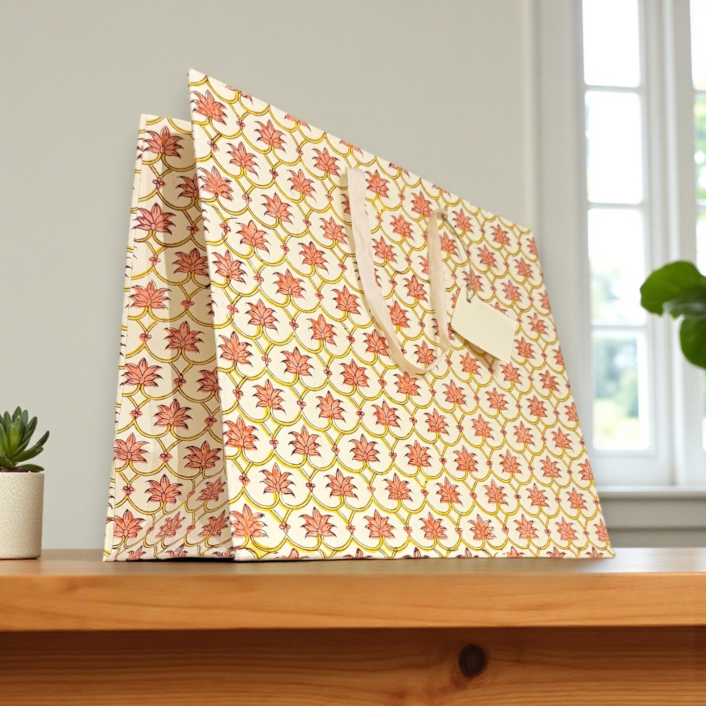 Handmade Block Printed Paper Bag | Peach Floral