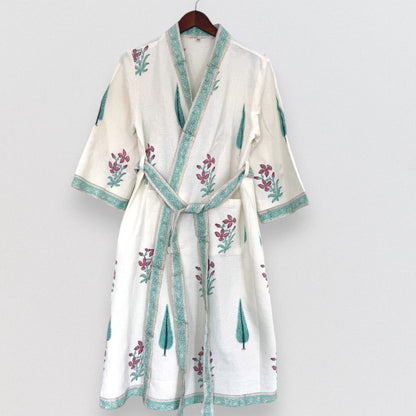 Hand Printed Bathrobe | Garden Turq