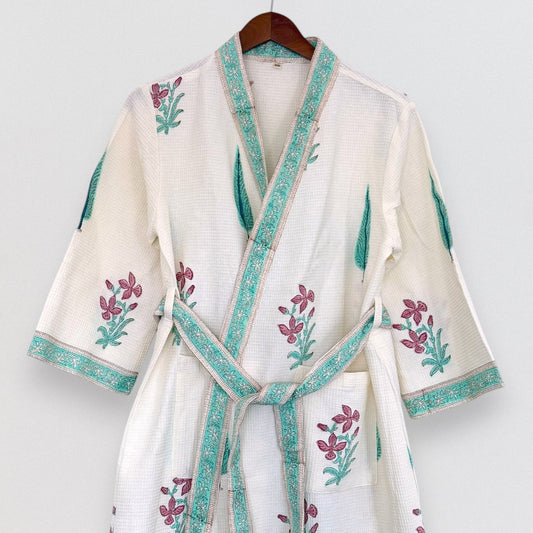 Hand Printed Bathrobe | Garden Turq