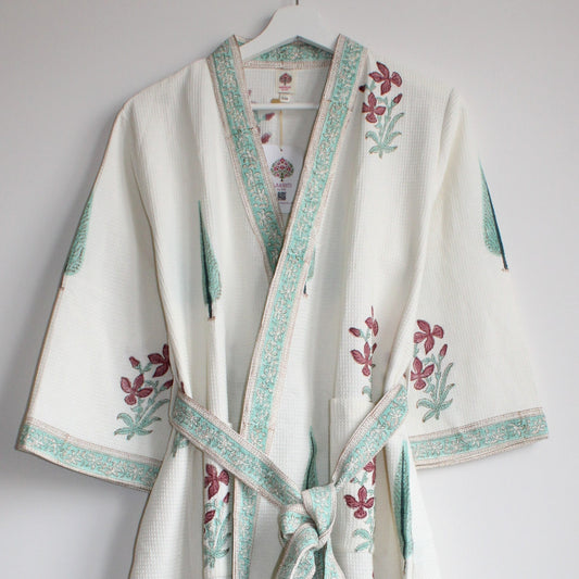 Hand Printed Bathrobe | Garden Turq