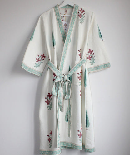 Hand Printed Bathrobe | Garden Turq