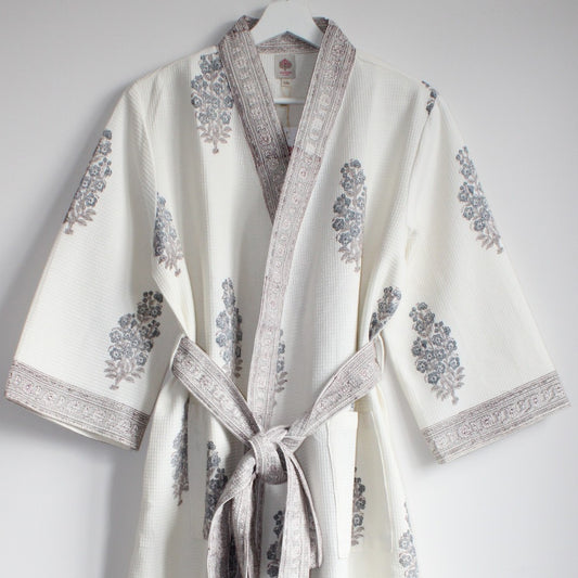 Hand Printed Bathrobe | Grey Block