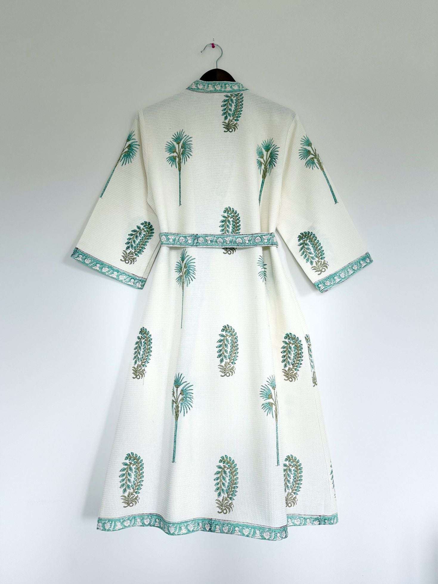 Hand Printed Bathrobe | Aqua Green