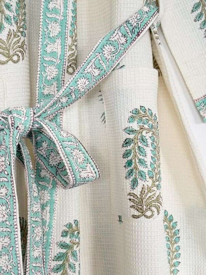 Hand Printed Bathrobe | Aqua Green