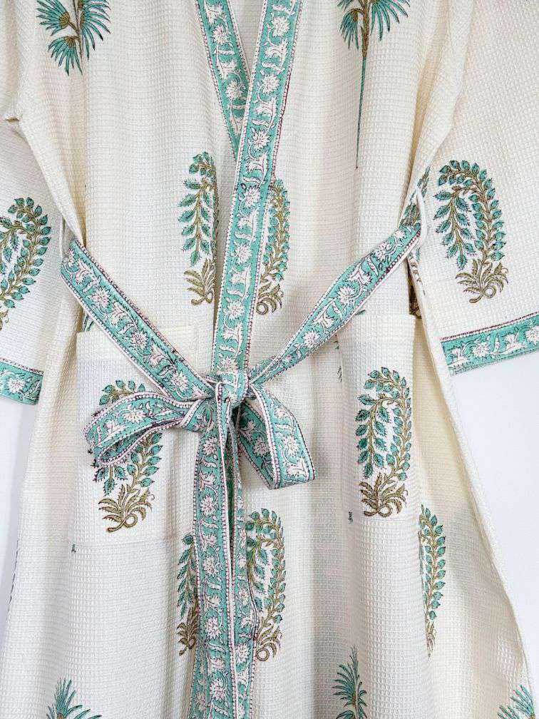 Hand Printed Bathrobe | Aqua Green