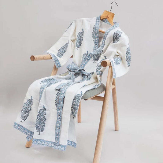 Hand Printed Bathrobe | Blue Paisley