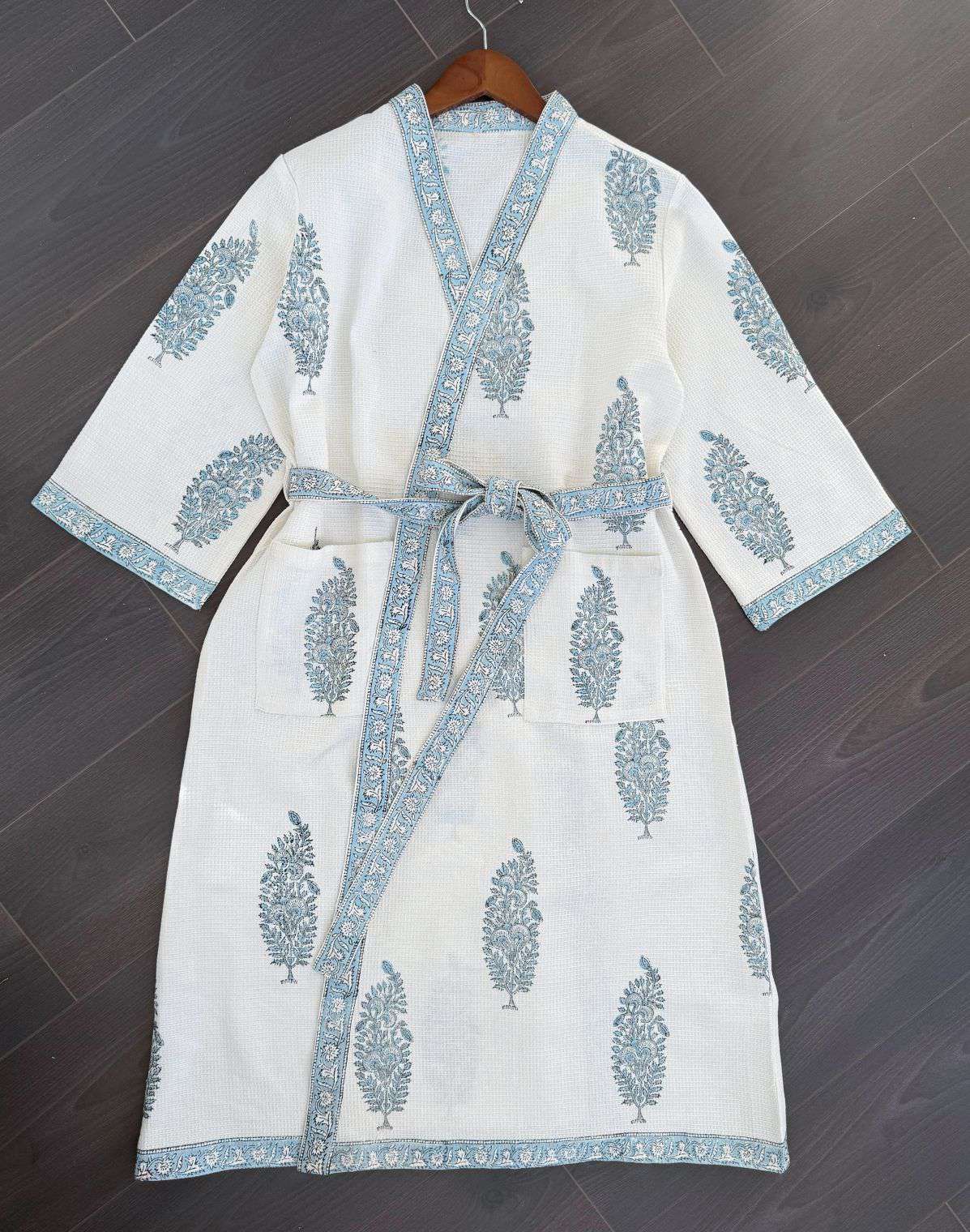Hand Printed Bathrobe | Blue Paisley
