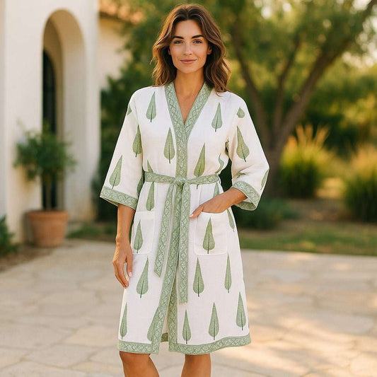 Hand Printed Bathrobe | Cypress Green