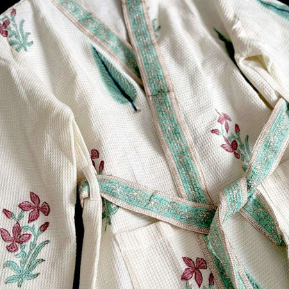 Hand Printed Bathrobe | Garden Turq
