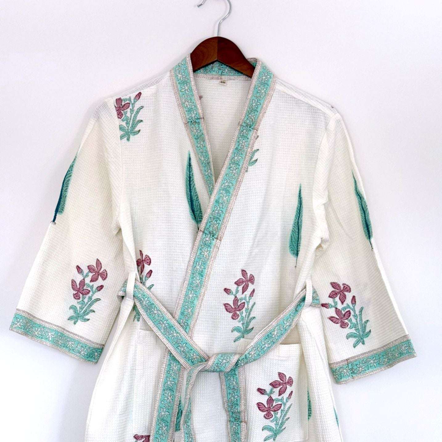 Hand Printed Bathrobe | Garden Turq