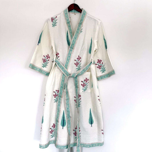Hand Printed Bathrobe | Garden Turq