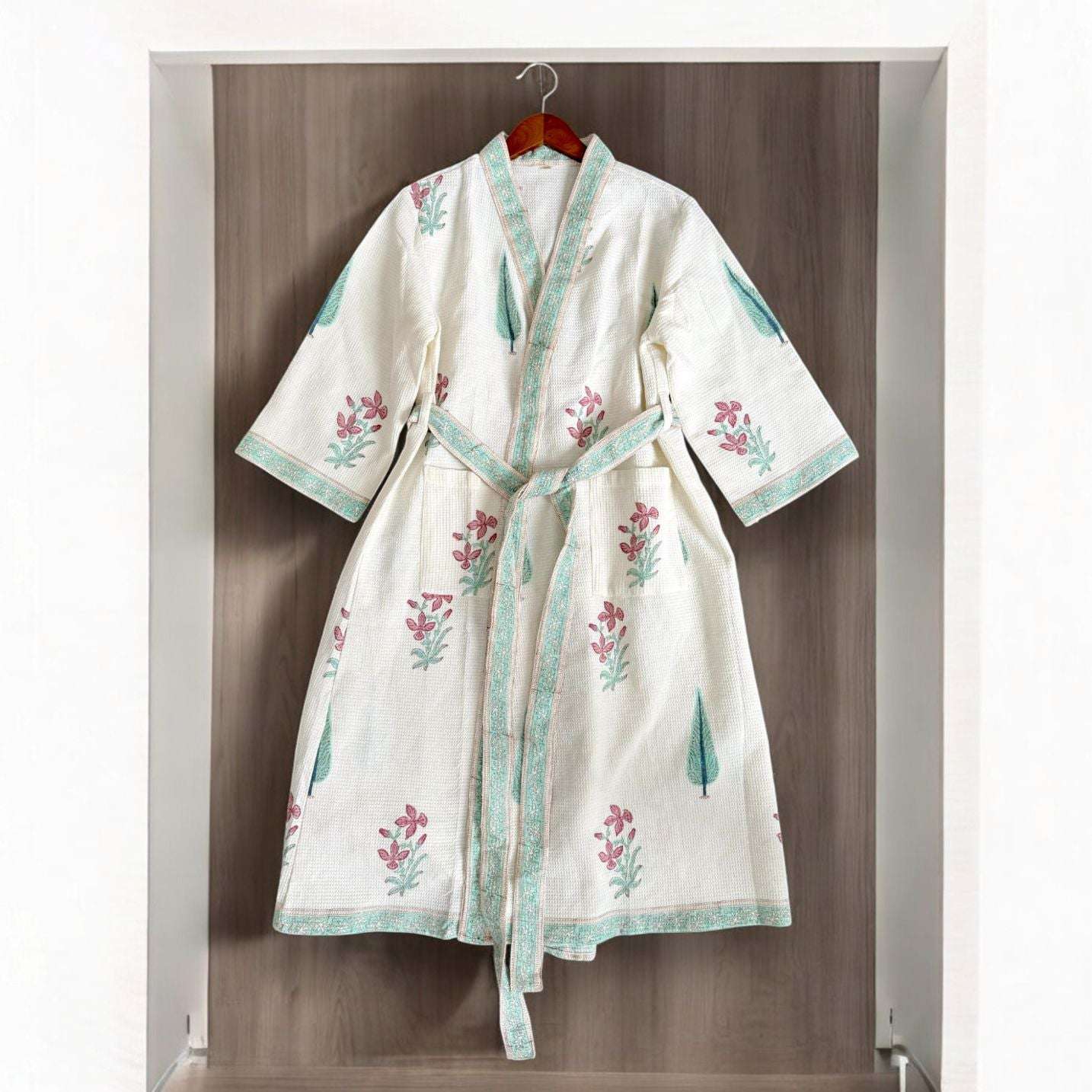 Hand Printed Bathrobe | Garden Turq