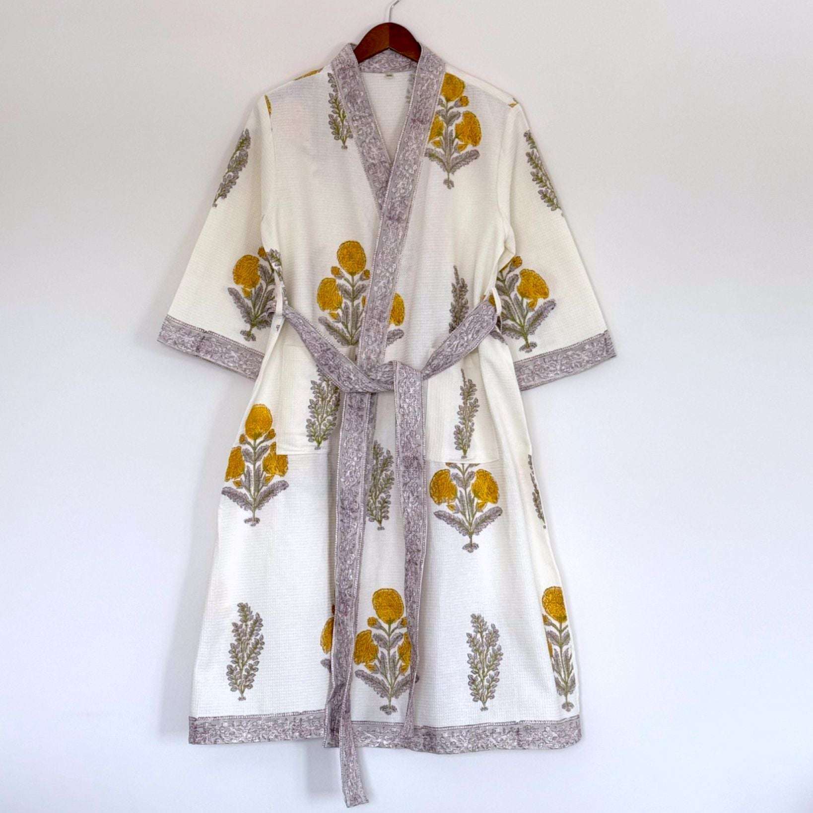 Hand Printed Bathrobe | Marigold