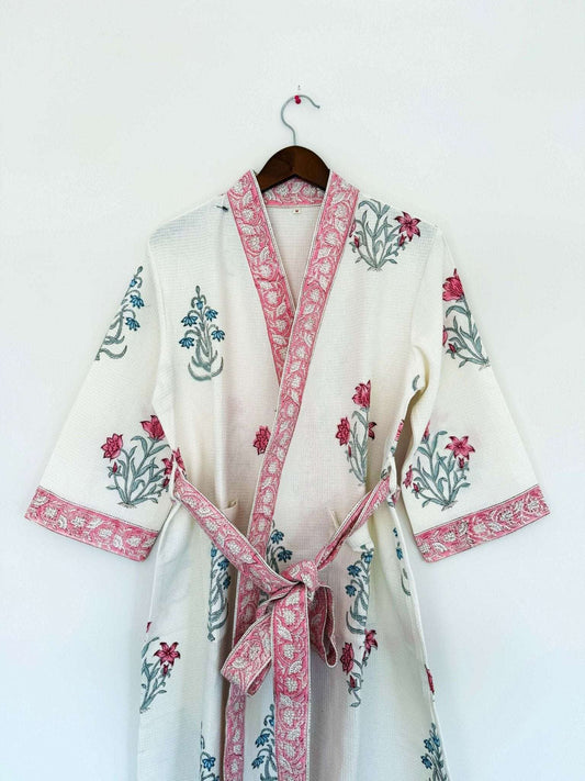 Hand Printed Bathrobe | Pink Blossom