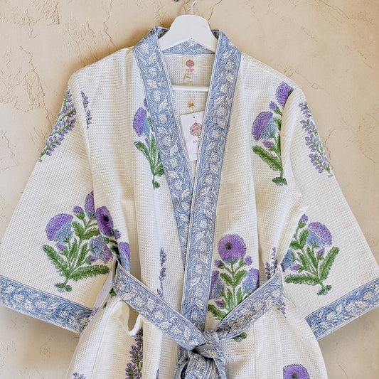 Hand Printed Bathrobe | Voilet Marigold